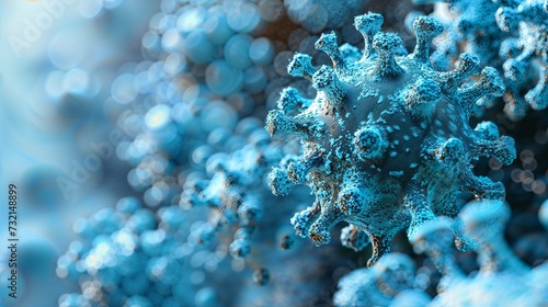 A high-resolution image showcasing the complex surface of a virus in blue, symbolizing medical research and health.