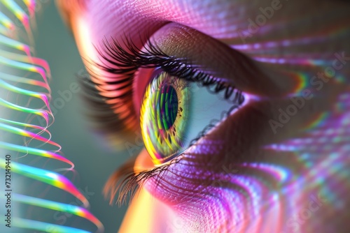 Human Cyborg AI Eye optic nerve regeneration neurotrophic factor. Eye optic nerve sheath optic nerve lens dream color vision. Visionary iris enucleation sight iris repair eyelashes photo