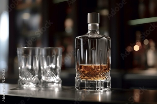 Close-up of a sophisticated bottle and glasses in a crystal clear design, with a blurred interior bar as background. Ample empty area for text. Generative AI