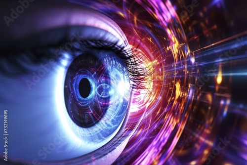 Human Cyborg AI Eye innovation. Eye optic nerve inflammation optic nerve lens space color vision. Visionary iris refractive surgery sight x linked color vision deficiency eyelashes