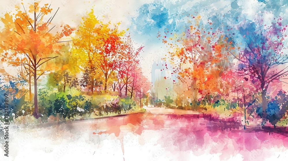 Landscape architect plan design. Watercolor hand painted with brushes. Colorful splashes in the paper. It is wet texture background for creative wallpaper, floral card and artwork