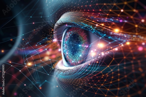 Human Cyborg AI Eye rod monochromacy. Eye visionary advancement optic nerve lens blindness color vision. Visionary iris color vision deficiency accommodation sight motion eyelashes photo