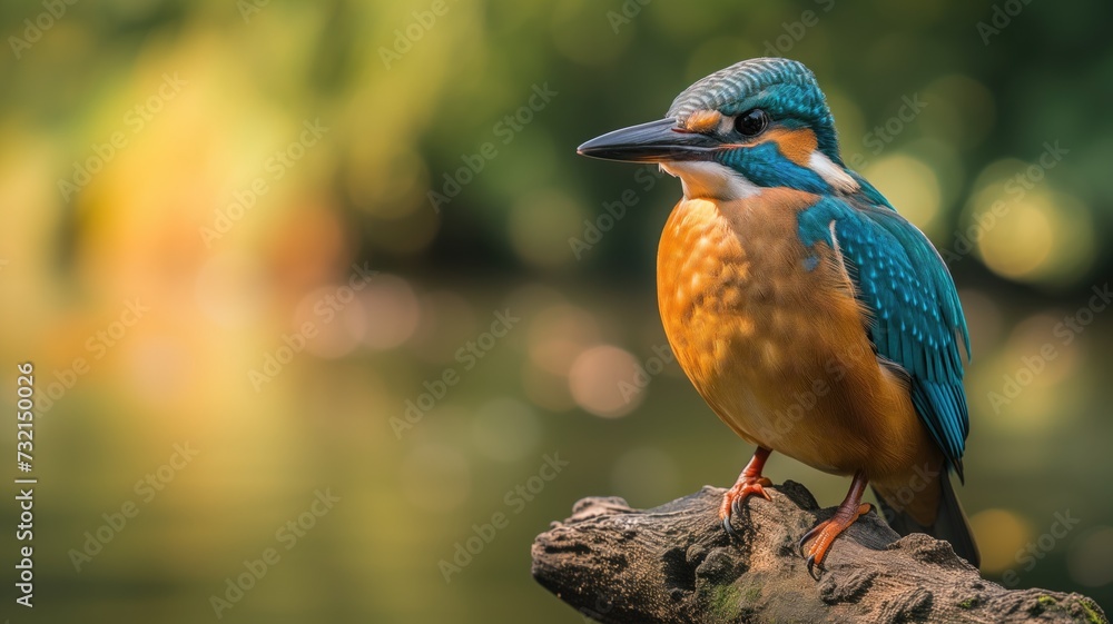 Kingfisher perched on branch, blurred green background Kingfisher perched on branch, blurred green background