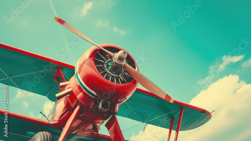 Vintage red biplane with a propeller photo