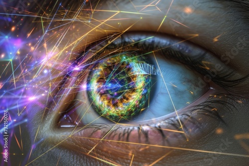 Human Cyborg AI Eye pupil anatomy. Eye conjunctivitis optic nerve lens visual association cortex color vision. Visionary iris optic nerve demyelination sight observation eyelashes photo