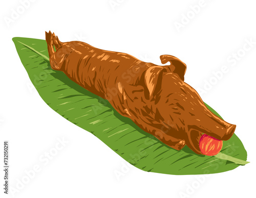 Art Deco or WPA poster art of a lechon, litson  or roasted suckling pig with apple on banana leaf done in works project administration style.