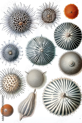 A bunch of different types of sea urchins. Imitation of vintage zoology book illustrations.