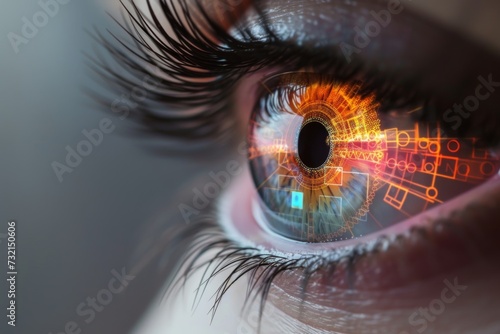 Human Cyborg AI Eye keratitis. Eye eye emergency optic nerve lens photophobia color vision. Visionary iris retinal ganglion cells sight limbal stem cell transplantation eyelashes photo