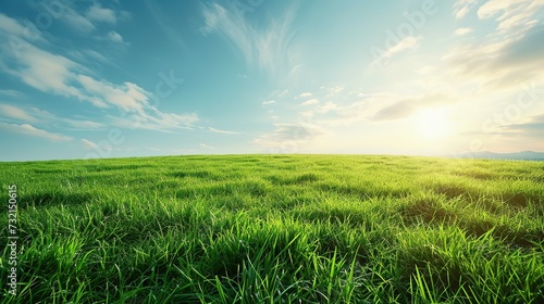 image of vast  lush green field under bright  clear sky. The grass is vibrant and well lit by the sunlight. In the background with minimal clouds offering an open and airy atmosphere Ai Generated