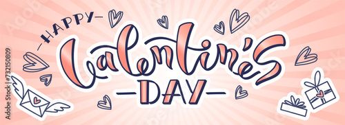 Happy Valentines day background hand written lettering with doodle stickers gifts, letter, hearts. 14 feb banner for social media or website. Vector illustration.