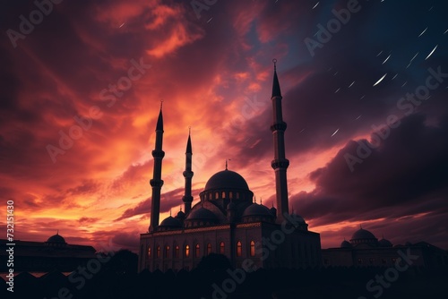 Tranquil Mosque evening sky. Night moon light. Generate Ai