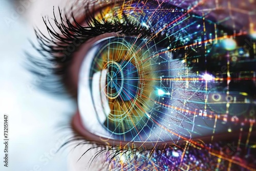 Human Cyborg AI Eye pupillary constriction. Eye visualize optic nerve lens optic nerve hemangioma color vision. Visionary iris asian eyelid surgery sight vision test eyelashes photo