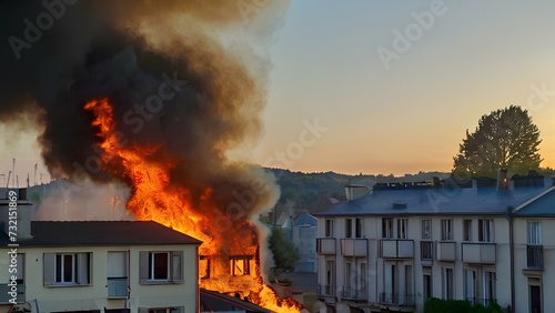 建物が燃えています。街の中の住宅火災｜The building is on fire. A house fire in the city. Generative AI