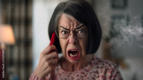 Angry woman yelling on phone, steam coming from ear, upset during a phone call © Sunshine Design