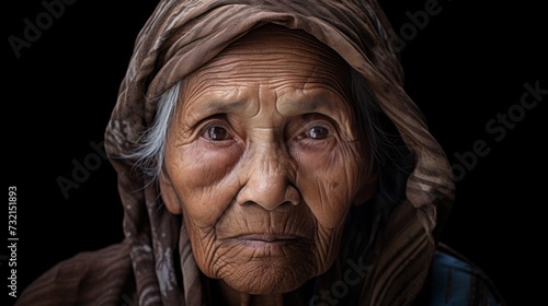 Portrait of an old Asian woman on a dark background. Neural network AI generated art