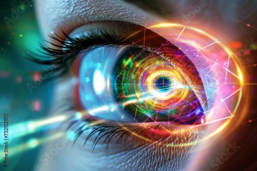 Human Cyborg AI Eye globe rupture repair. Eye hordeolum optic nerve lens inner retinal function color vision. Visionary iris visualize sight eyelid hygiene routine eyelashes photo