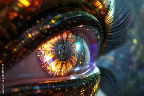 Human Cyborg AI Eye anisocoria. Eye vitreous humor optic nerve lens blue yellow color blindness color vision. Visionary iris diabetic retinopathy sight conjunctiva eyelashes photo