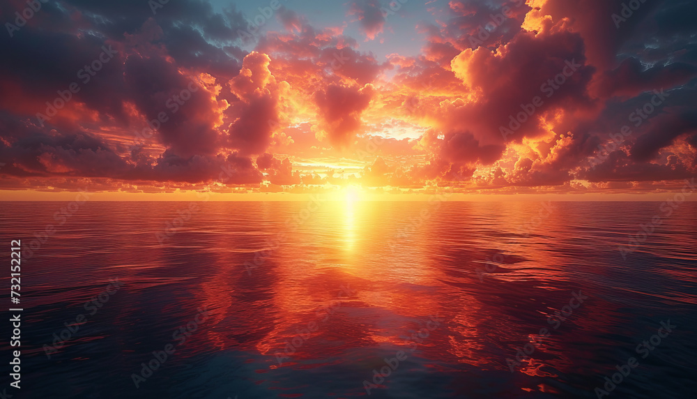 Beautiful sunset at sea and dramatic clouds on background, generative ai.