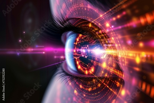 Human Cyborg AI Eye analysis. Eye corneal transplant optic nerve lens monochromacy color vision. Visionary iris diopter measurement sight optic nerve regeneration eyelashes