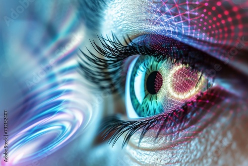 Human Cyborg AI Eye iris inflammation. Eye color vision deficiency gene mutation optic nerve lens blue color vision. Visionary iris optic radiation sight backdrop eyelashes photo