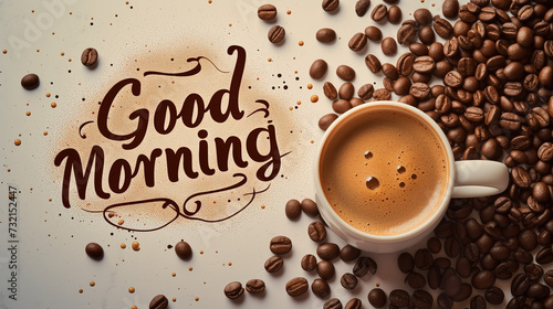 A good morning sign or banner that has a cup of delicious coffee with beans. Great for signage in your coffee establishment, menus, websites. Highly detailed.