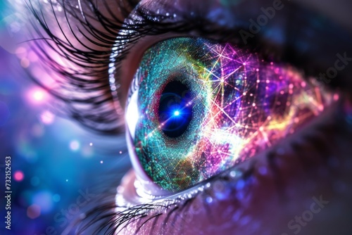 Human Cyborg AI Eye outer retinal function. Eye eye pain management optic nerve lens lasek color vision. Visionary iris contact lenses sight iris sphincter muscle eyelashes photo