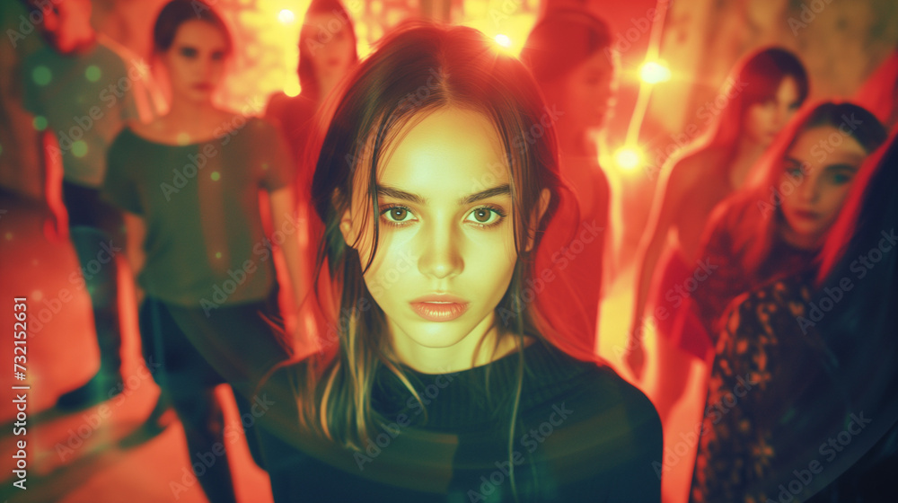 A young pretty woman enjoys herself with friends in a crowd. A timeless picture of a life with others. Happy A young pretty woman enjoys herself with friends in a crowd. A timeless picture of a life with others. Happy