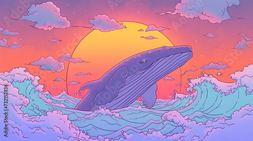 Colorful Illustration of a whale breaching the surface of the seat at sunset.