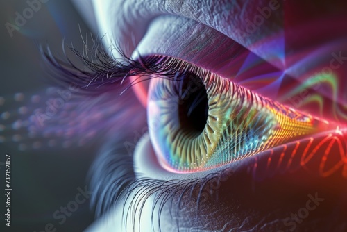 Human Cyborg AI Eye anisocoria. Eye woman optic nerve lens ocular muscle color vision. Visionary iris lasik experience sight Glaucoma surgery adjunctive eye drop eyelashes