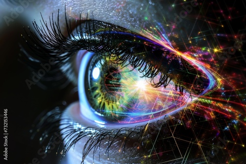 Human Cyborg AI Eye ophthalmic vein. Eye globe rupture repair optic nerve lens visionary mindset color vision. Visionary iris glaucoma sight lasik flap creation eyelashes