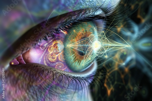 Human Cyborg AI Eye visual field test. Eye deep anterior lamellar keratoplasty optic nerve lens visual impairment color vision. Visionary iris stye sight light eyelashes