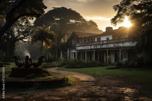 Realistic outdoor photograph of a decaying manor house in a tropical setting, golden hour. From the series “Quest,