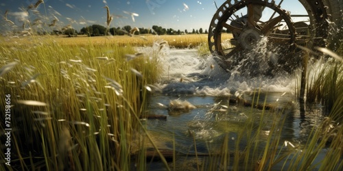 Realistic daytime outdoor photograph of an open field with a water wheel turning in the foreground, motion blur. From the series “Farm Machinery."