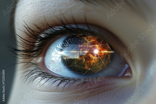 Human Cyborg AI Eye gaze. Eye hindsight optic nerve lens intraocular foreign body removal color vision. Visionary iris Antiviral eye drop sight scotopic vision eyelashes photo