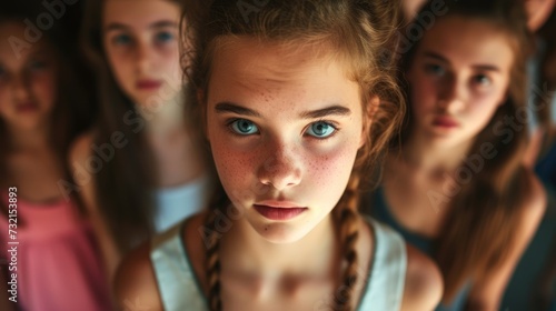 A teenage girl with a pressured look on her face as she stands in a circle of popular girls at school.