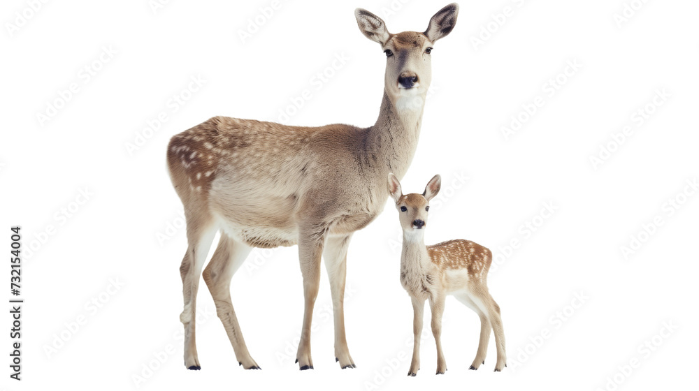 A Baby Deer Standing Next to an Adult Deer in a Forest Clearing A Baby Deer Standing Next to an Adult Deer in a Forest Clearing