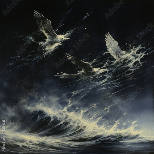 Painting of a stormy seascape with birds turning into ocean spray flying over. From the series “Emergence.