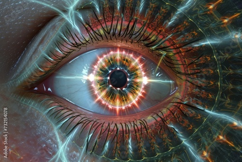 Human Cyborg AI Eye diopters. Eye imagination optic nerve lens color vision deficiency glasses color vision. Visionary iris vision assessment sight optic disc eyelashes