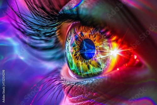 Human Cyborg AI Eye photoreceptors. Eye lens prescription optic nerve lens optic nerve fiber color vision. Visionary iris dream sight optic nerve inflammation eyelashes photo