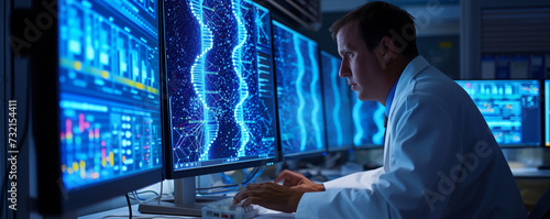 close-up view of a researcher analyzing complex genomic data on multiple computer screens, uncovering genetic markers photo