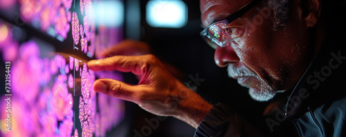 detailed image of a biomedical analyst reviewing a digital pathology slide, identifying disease patterns photo