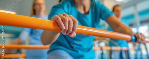 Detailed view of a patients hands gripping rehabilitation bars while taking tentative steps, with a therapists hands providing steady support photo