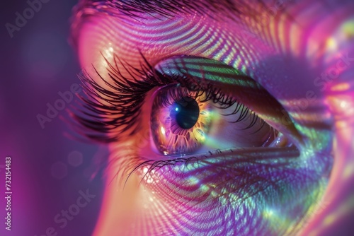 Human Cyborg AI Eye visual field. Eye color vision deficiency consequence optic nerve lens illustration color vision. Visionary iris chalazion sight diopters eyelashes photo