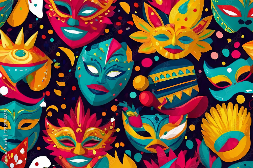 Naklejka premium Carnival celebration pattern. Vibrant masks, confetti, and festivity-inspired design. Perfect for lively themed projects.