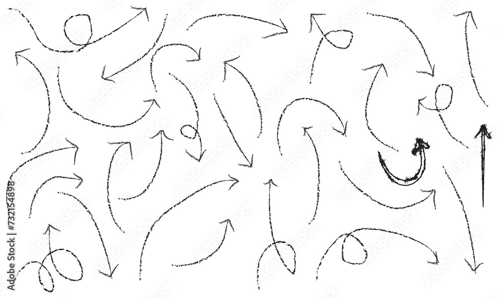 Ink arrow illustration isolated. Grunge arrow icon. Sketch curved arrow. Hand drawn arrow. Doodle Vector Arrow Set