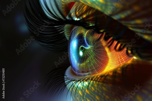 Human Cyborg AI Eye view. Eye retinal vasculitis optic nerve lens visionary strategy color vision. Visionary iris optic disc drusen sight lasik complications eyelashes