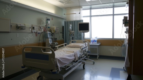 A hospital room with a bed and a television