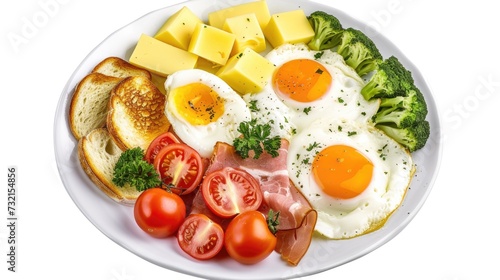 A white plate topped with eggs, bacon, tomatoes, cheese and broccoli