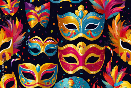 Carnival celebration pattern. Vibrant masks, confetti, and festivity-inspired design. Perfect for lively themed projects. © Amila Vector