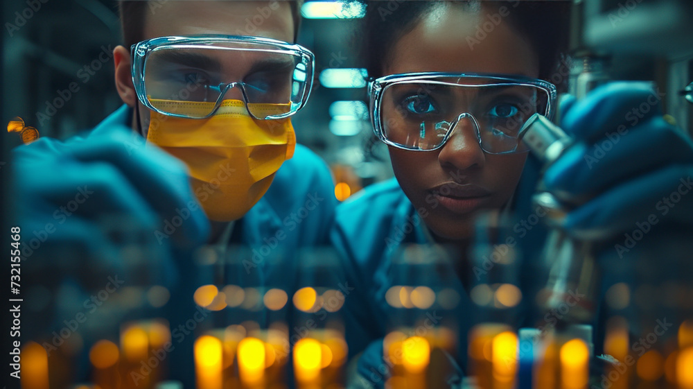 Two doctors in science lab looking into a microscope, wearing blue doctors clothing, wearing glasses, generative ai Two doctors in science lab looking into a microscope, wearing blue doctors clothing, wearing glasses, generative ai